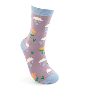 Miss Sparrow Ladies Bamboo Socks Rainclouds & Flowers Lavender