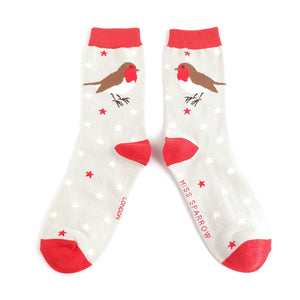 Festive Robins ladies Christmas socks silver