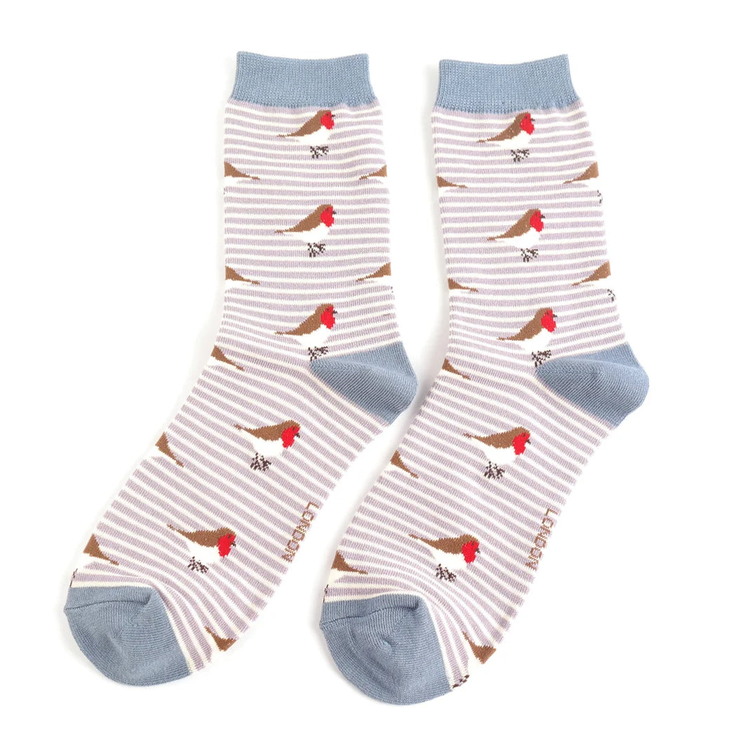 Robins on stripes ladies Christmas socks lavender