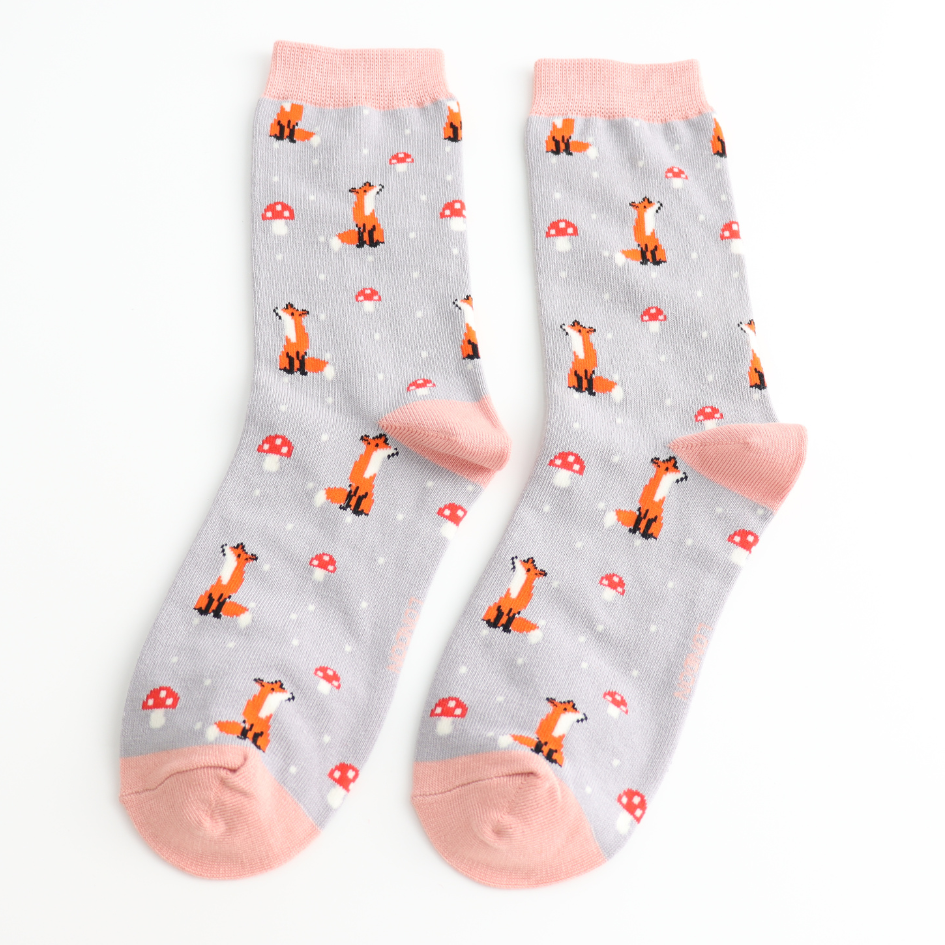 Miss Sparrow Fox and Toadstools Ladies Socks grey