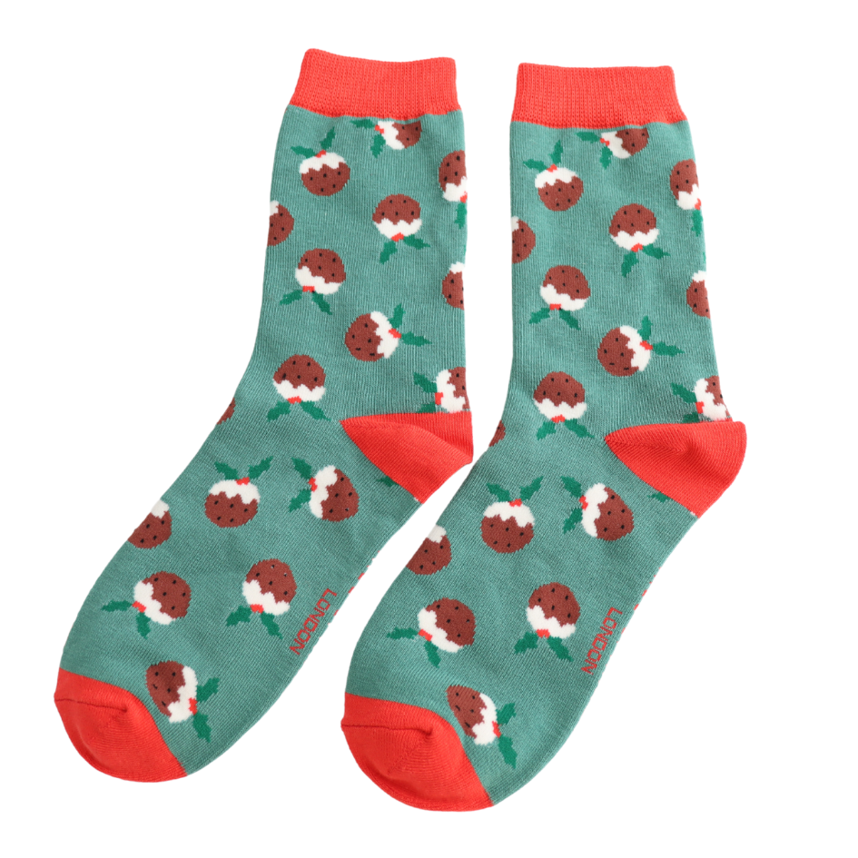 Miss Sparrow Ladies Bamboo Socks Christmas Puddings Green