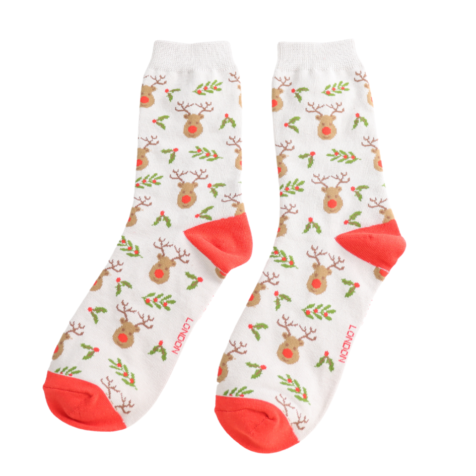 Miss Sparrow Bamboo Socks Reindeer & Holly Silver