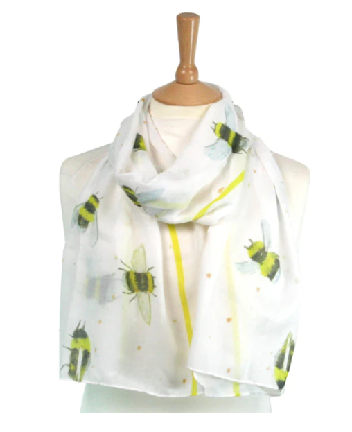 Bees on white lightweight summer scarf