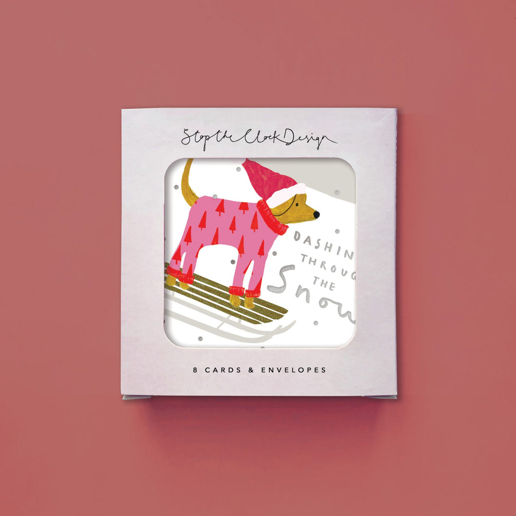 Card Pack of 8 - Dashing Through The Snow Dog
