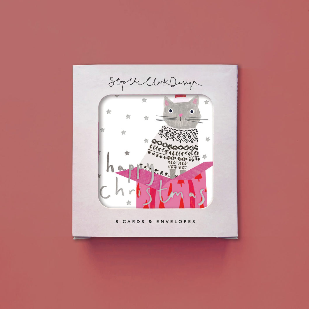 Card Pack of 8 - Happy Christmas Cat in a Box