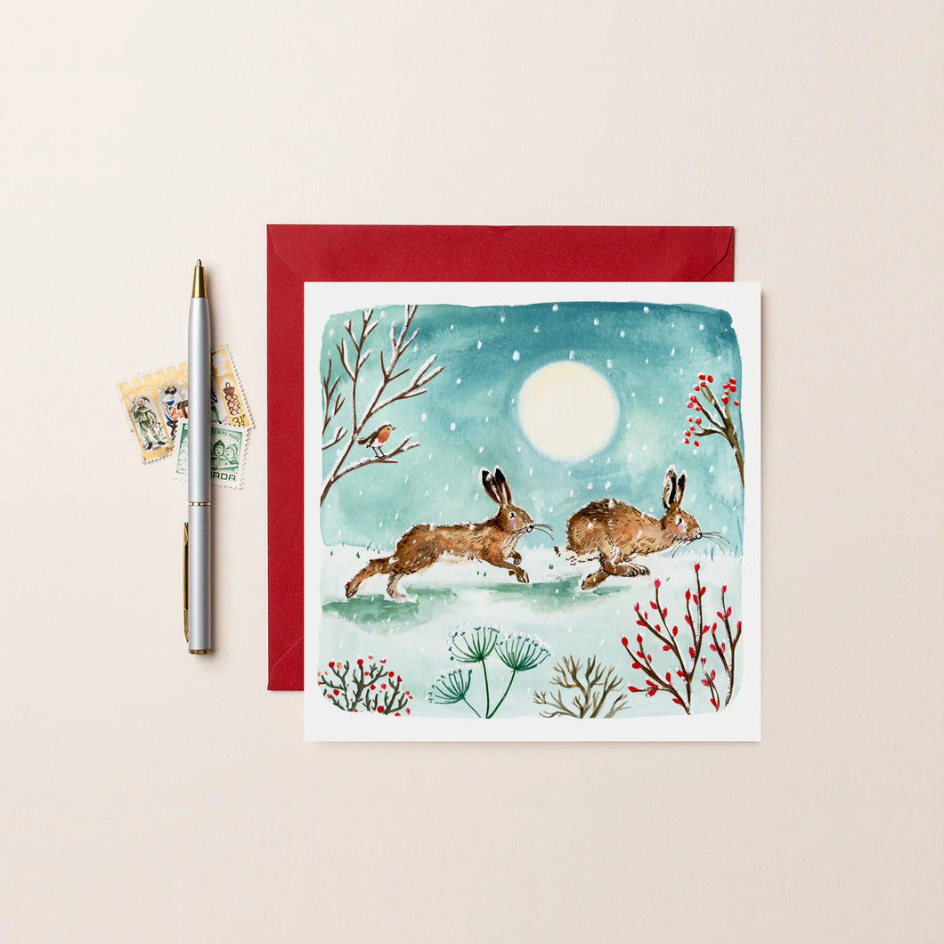 Two Hares Running Blank Christmas Card