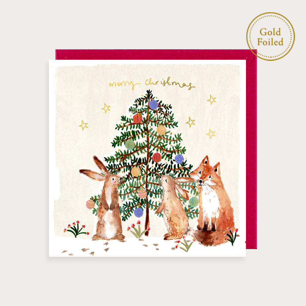 Bunnies and Fox Christmas Tree Christmas card