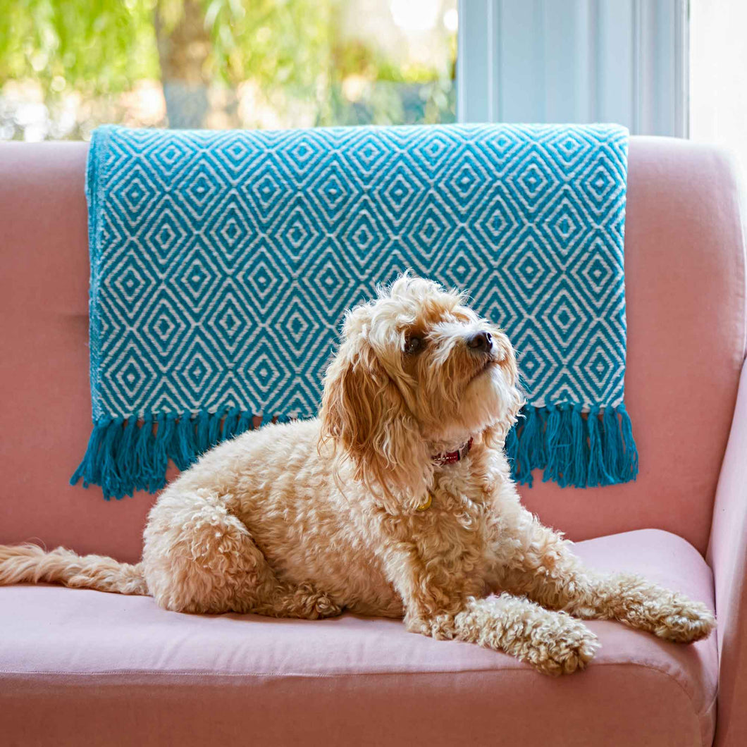 Recycled Cotton Woven Diamond Throw: Turquoise
