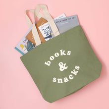 Load image into Gallery viewer, Books &amp; Snacks - Olive Green Canvas Tote Bag
