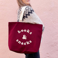 Load image into Gallery viewer, Books &amp; Snacks - Burgundy Canvas Tote Bag
