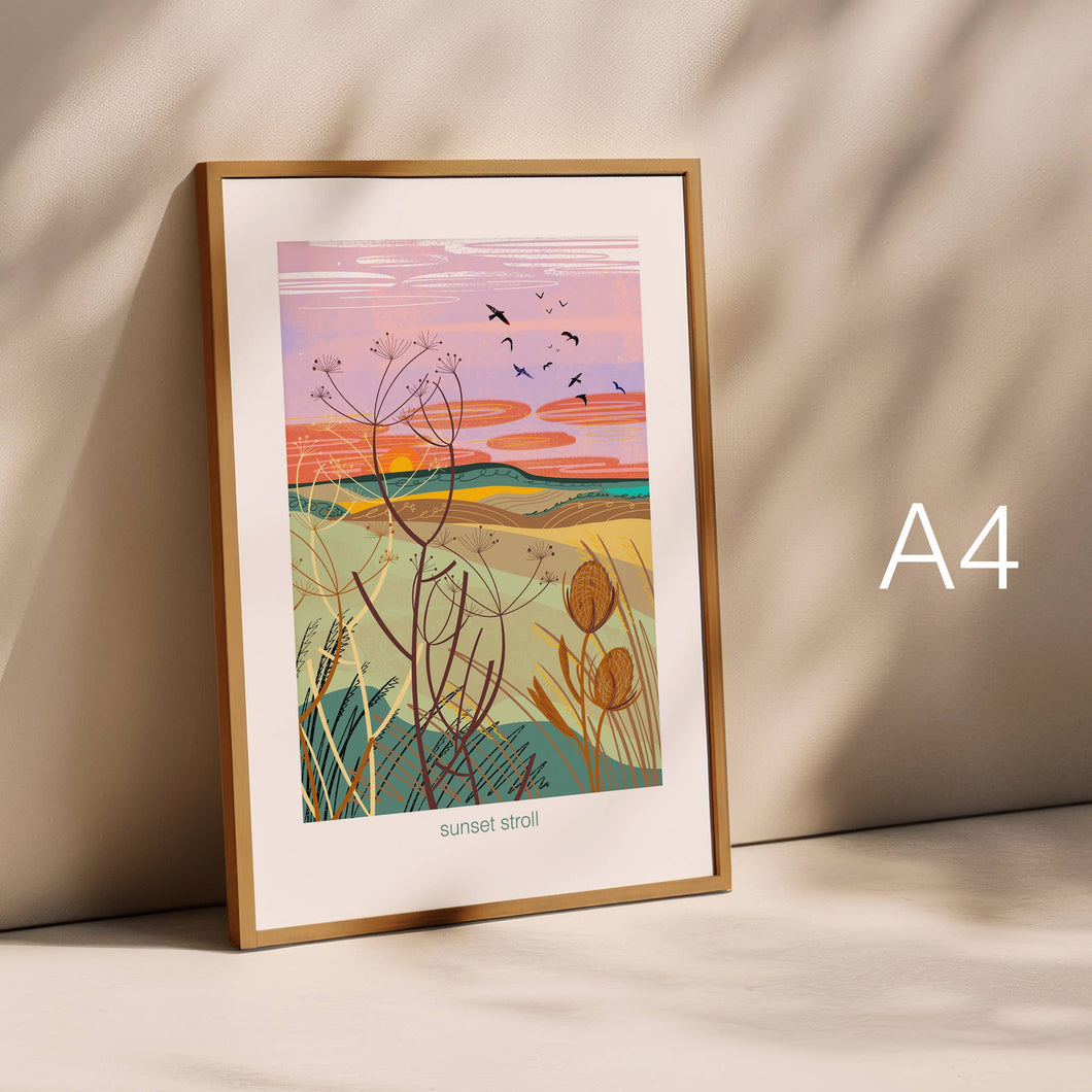 Sunset stroll - art poster print A4 - nature print unframed