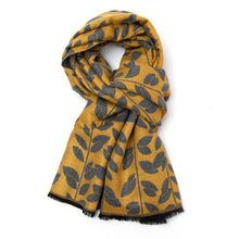 Load image into Gallery viewer, Leaves on stem scarf in mustard yellow and grey
