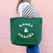 Load image into Gallery viewer, Books &amp; Snacks - Forest Green Canvas Tote Bag
