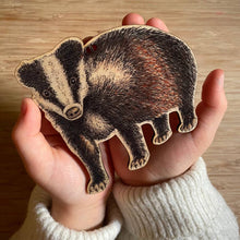 Load image into Gallery viewer, Badger illustrated wooden Christmas tree decoration
