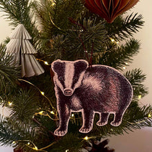 Load image into Gallery viewer, Badger illustrated wooden Christmas tree decoration
