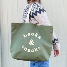 Load image into Gallery viewer, Books &amp; Snacks - Olive Green Canvas Tote Bag
