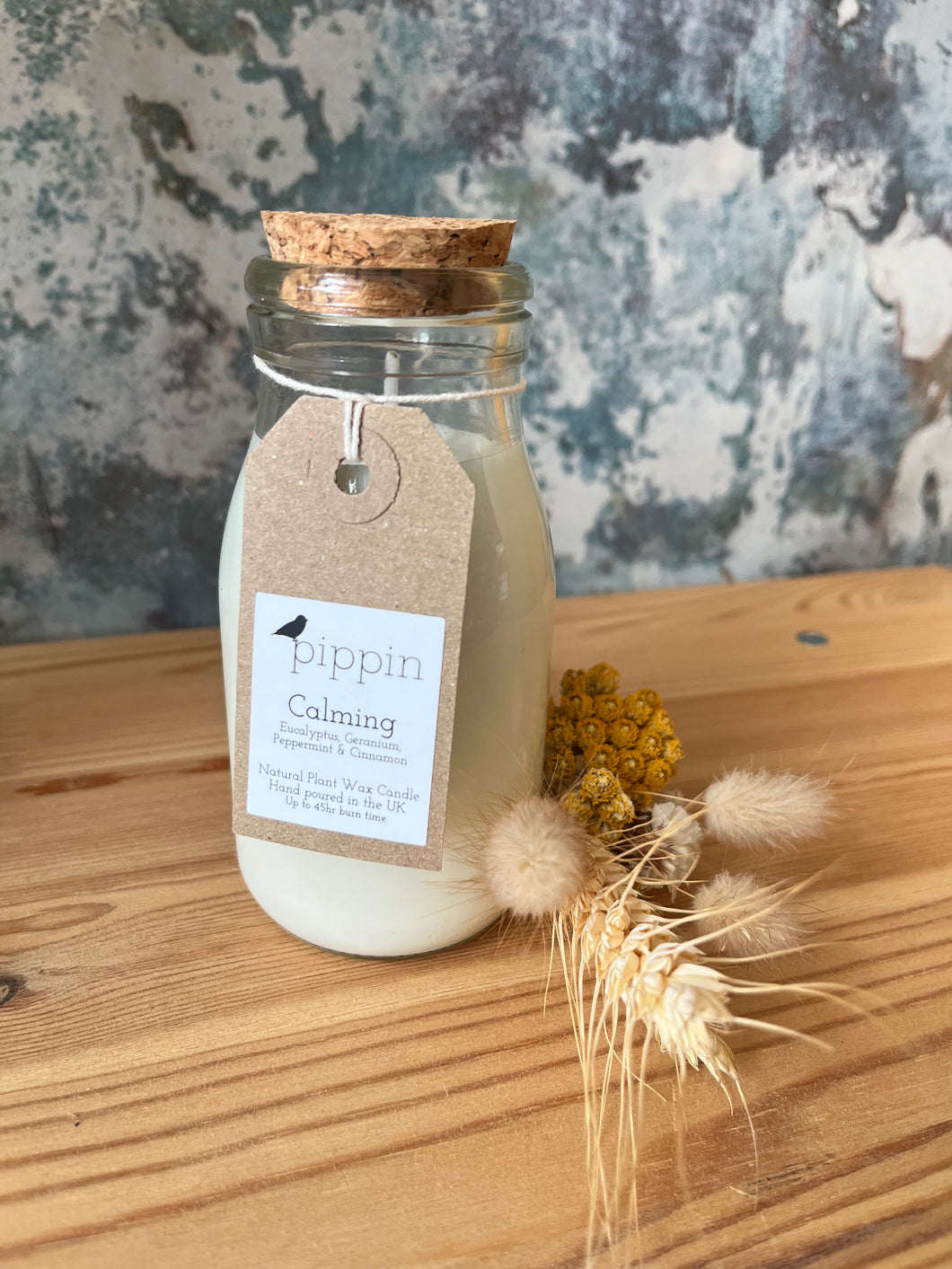 Calming - Pippin 200ml milk bottle candle with cork lid