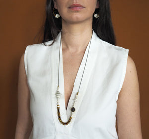 Consta - white recycled glass krobos necklace with java and smoky quartz