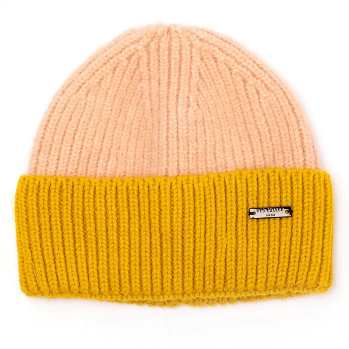 Two Tone Pink and Yellow Knitted Beanie Hat