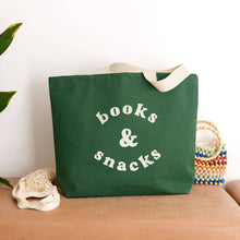 Load image into Gallery viewer, Books &amp; Snacks - Forest Green Canvas Tote Bag
