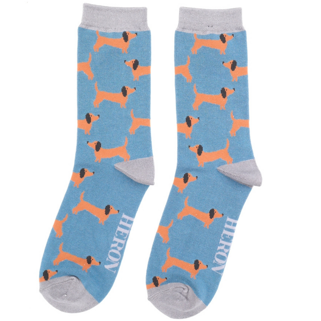 Mr Heron men's bamboo socks Sausage dogs denim blue