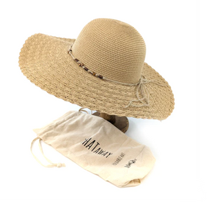 Wide Brimmed Natural Foldable Hat with Beaded Trim