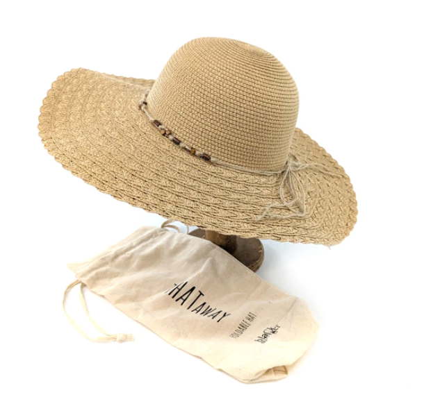 Wide Brimmed Natural Foldable Hat with Beaded Trim