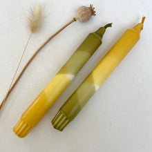 Load image into Gallery viewer, Olive green and mustard yellow dip dyed dinner candles
