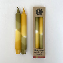 Load image into Gallery viewer, Olive green and mustard yellow dip dyed dinner candles
