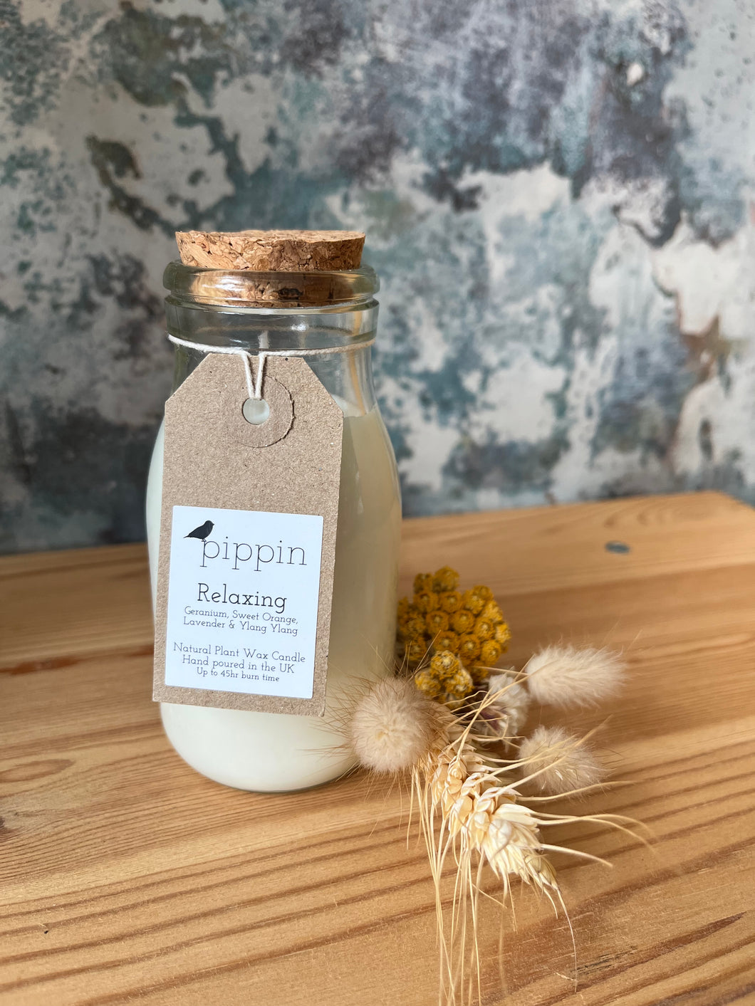Relaxing - Pippin 200ml milk bottle candle with cork lid