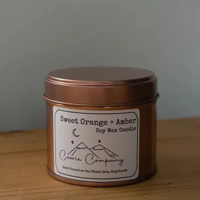 Sweet Orange & Amber big tin soy wax candle by The Coorie Company