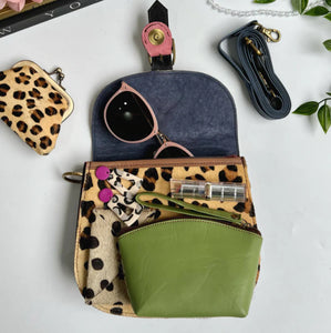 Tallulah Half Print Green Leopard Upcycled Leather Handbag