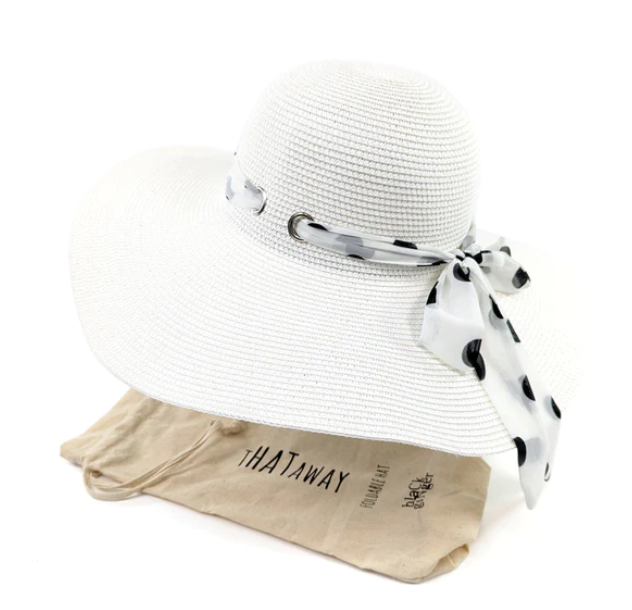 Wide Brimmed White Foldable Hat with Polka Dot Ribbon