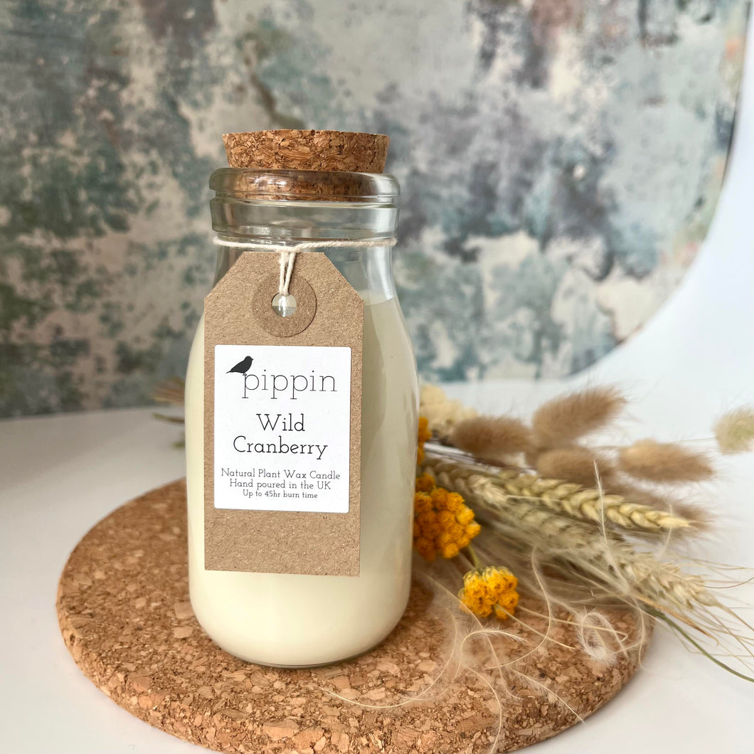 Wild Cranberry - Pippin 200ml milk bottle candle with cork lid