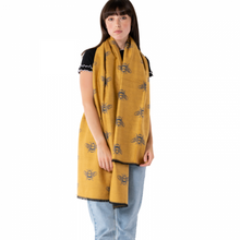 Load image into Gallery viewer, Bees scarf in mustard yellow and grey
