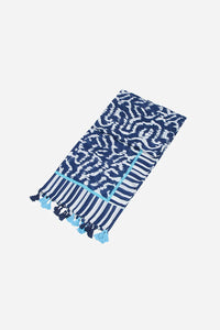Navy blue abstract aztec ikat style print scarf with tassels