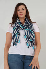 Load image into Gallery viewer, Navy blue abstract aztec ikat style print scarf with tassels
