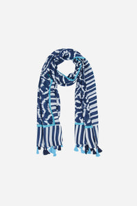 Navy blue abstract aztec ikat style print scarf with tassels