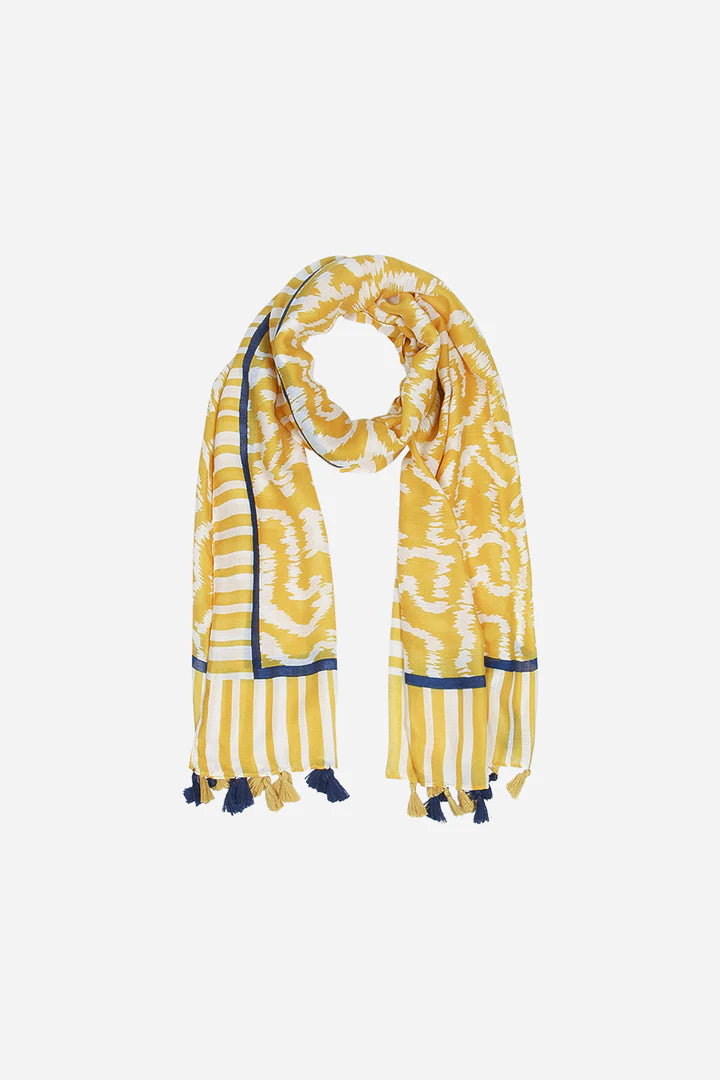 Yellow abstract aztec ikat style print scarf with tassels