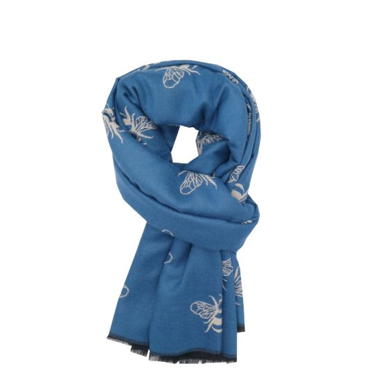 Bees Scarf in denim blue and cream