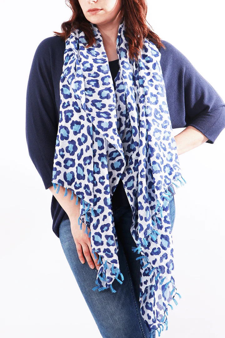 Blue and white leopard print cotton tasselled scarf