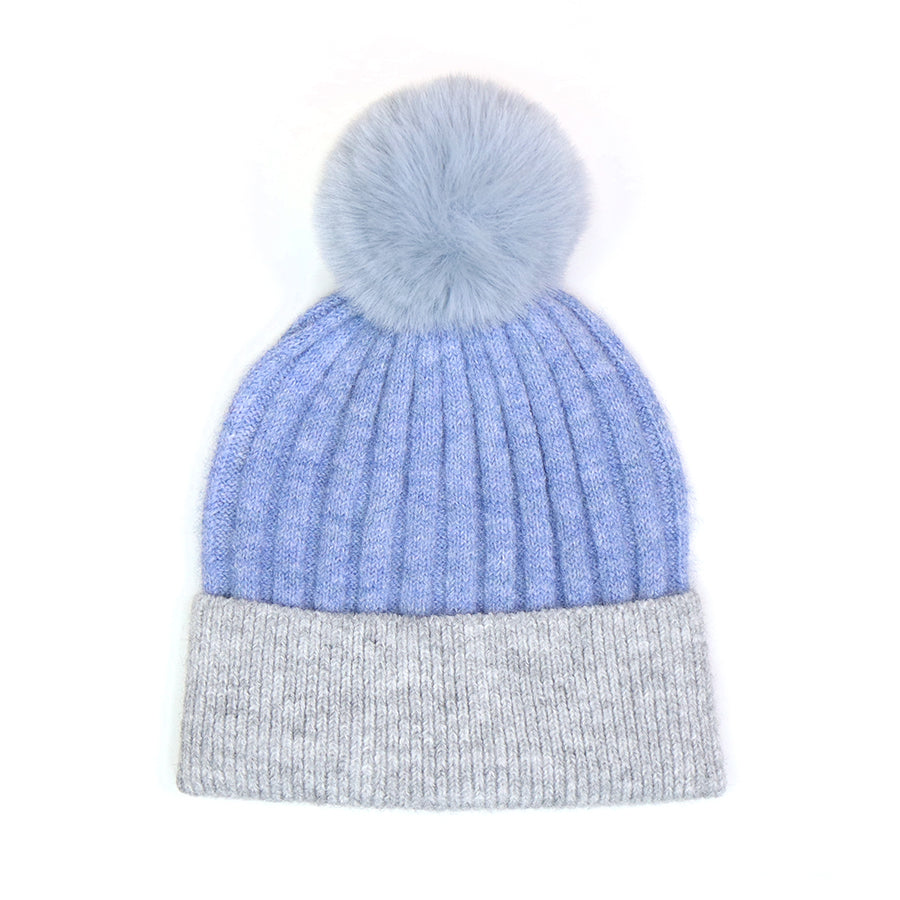 Baby blue ribbed recycled polyester yarn hat with grey turn up and fluffy pompom