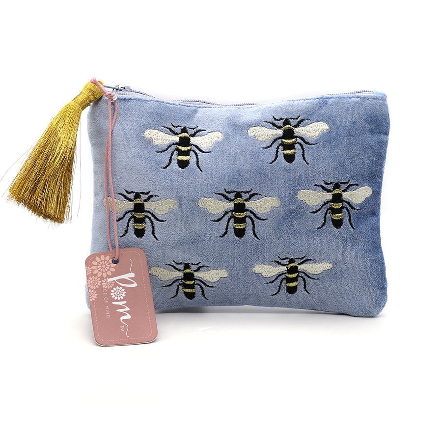 Mid blue embroidered bee flat velvet pouch with zip tassel