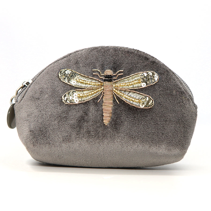 Grey velvet dragonfly embroidered and beaded coin purse