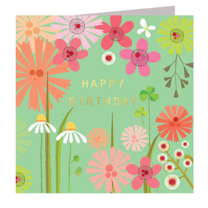 Happy Birthday card floral pea green