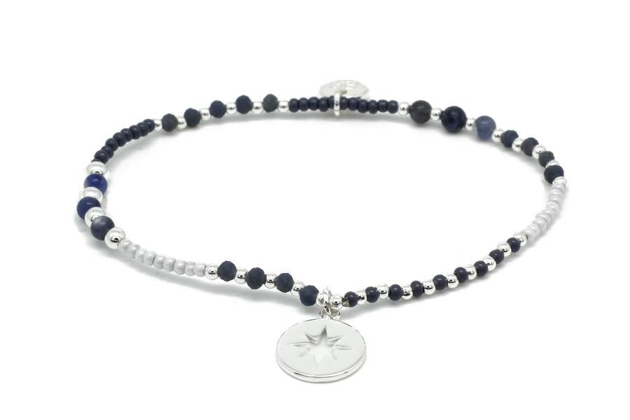 Flute Navy & Grey Gemstone Stretch Bracelet