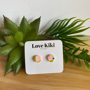 Small round mustard and pink clay stud earrings
