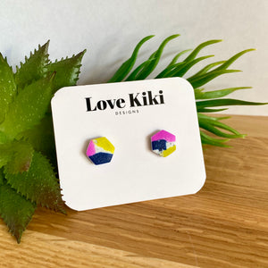 Hexagon purple, lime and navy Clay Stud Earrings