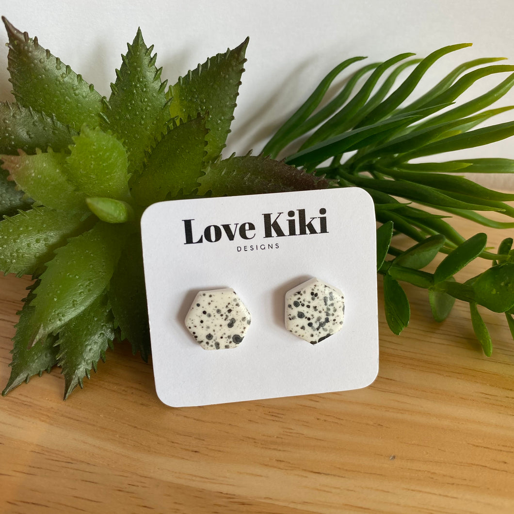 Hexagon black and white speckled clay stud earrings