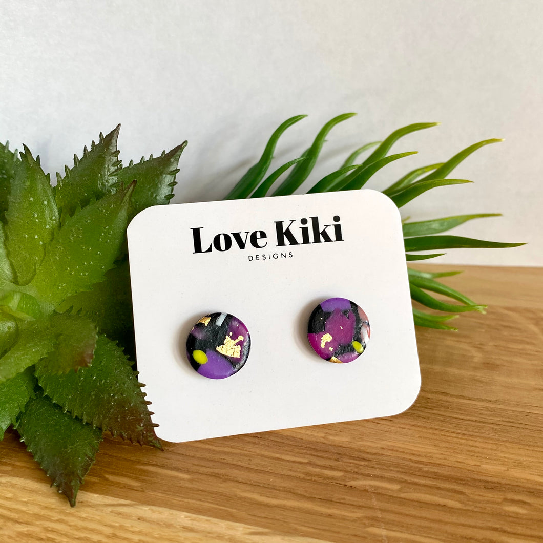 Round black, purple, lime and gold Clay Stud Earrings